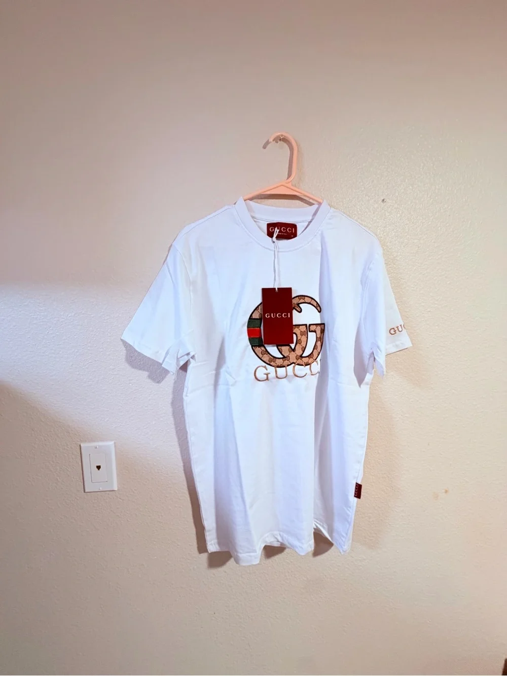 Gucci White Short-Sleeve Logo Tee with Red & Green Accents